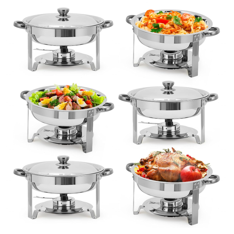 Garvee Commercial Grade 6 Pack 5QT Stainless Steel Round Chafing Dish Buffet Set - Durable Insulated Food Warmer with Stackable Lids for Catering, Parties, Weddings, Banquets - Portable Buffet Server, 6pcs