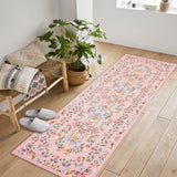 Garvee Pink Washable Floral Runner Rug 2' × 6', Non Slip Low Pile Stain Resistant Soft Rug for Hallway Kitchen Laundry Entryway - Pink