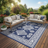 Garvee Outdoor Rug 9x12 Waterproof Reversible Plastic Straw Patio Rug Large Vintage Outdoor RV Mat Foldable Indoor Outdoor Rugs for Picnic, Backyard, Rv, Beach, Deck, Camper, Balcony, Navy - Navy Blue