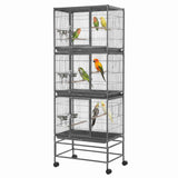 Garvee Heavy Duty Carbon Steel Bird Cage - 74 Inch Stackable Aviary with 3 Dividable Compartments, Removable Trays, Spacious Flight Enclosure for Parakeets, Cockatiels, Conures, Finches - Silver Black - Black