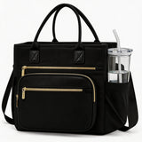 Garvee Insulated Lunch Bag for Women – Large 13L Leakproof Cooler Tote with Wide Opening, Adjustable Shoulder Strap, Cup Holder & Pockets – Reusable for Work, School, Picnic, Beach, Travel – Black - Black