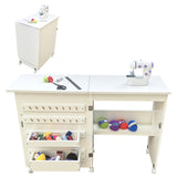 Garvee Space-Saving Folding Sewing Table with Storage Shelves, Trays, Wooden Pegs, Magnetic Door Catch, Lockable Wheels - Multipurpose Craft & Sewing Machine Desk - Portable Compact Workstation, White