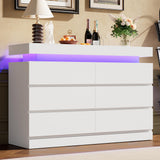 Garvee 6 Drawer Dresser with LED Light & Charging Station - Modern Bedroom Bedside Table & TV Stand - Double Chest with Open Shelf for Living Room, Entryway, Hallway - White Embossed - White