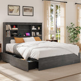 Garvee Full Size Wood Bed Frame with High Storage Bookcase Headboard – 4 Drawers, Charging Station with USB & AC Outlets, Sturdy Noise-Free Metal Platform, No Box Spring Needed – Dark Gray, FULL size - Gray