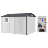 Garvee 10x8FT Metal Outdoor Storage Shed with Pushable Window, LED Light & Pegboard, Lockable Double Doors, Sloping Roof, Ventilation, Corrosion-Resistant Steel Garden Tool Shed for Patio, Backyard & Garage - White