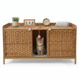 Garvee Handwoven Rattan Cat Litter Box Enclosure - Hidden Cat Washroom Cabinet with Door & S-Shaped Hooks - Large Spacious Cat Furniture for Living Room or Bedroom - Natural Color - Natural