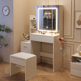 Garvee Modern White LED Vanity Set with Sliding Mirror, 4 Drawers, Open Shelves, Stool, US Socket, Silver Handle, Hair Dryer Holder – Bedroom or Bathroom Makeup Table – Color: White, Size: US Standard Socket, Specs: Silver Handle, Power: Hair Dryer Holder