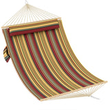 Garvee 2 Person Quilted Fabric Hammock with Curved Wood Spreader Bars, 12' Large Freestanding Swing Bed with Pillow for Outdoor Patio, Red-Yellow Stripe - Red-Yellow Stripe
