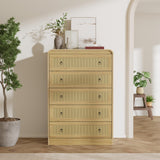 Garvee Modern 5 Drawer Dining Table Dresser – Natural Wood Chest with Rattan, Rounded Corners, Ample Storage, TV Stand – 5-Drawer Cabinet, Natural Wood with Rattan - Natural Wood
