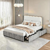 Garvee Bed Frame with LED Lights, Irregular Wave Upholstered Platform Bed with 2 Storage Drawers - Grey