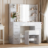Garvee Makeup Vanity Desk with Dimmable LED Mirror – 7 Drawers, USB Ports, Power Outlets, Hair Dryer Holder, Cushioned Stool – 43" Modern Dressing Table, Faux Marble, Imitation Marble White - Marble White