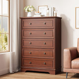 Garvee Farmhouse 5 Drawer Dresser for Bedroom - Vertical Chest Cabinet with Spacious Storage - Tall Organizer for Living Room or Hallway - Walnut Oak Finish - Color: Red Walnut - Walnut Oak