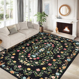 Garvee Black Washable Floral Area Rug 6' × 9', Non Slip Low Pile Stain Resistant Botanical Rug for Living Room Bedroom Dining Room - Black