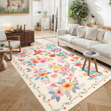 Garvee 10' × 13'  Floral Nursery Area Rugs Washable Print Boho Cute Carpet Non Slip Flower Low Pile for Living Room Kids Girls Playroom Bedroom Kitchen Office Farmhouse-Beige - Beige