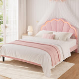 Garvee Chic Velvet Upholstered Bed Frame - Adjustable Seashell Headboard - LED Lights - Underbed Storage - Queen Size, Light Pink - Pink