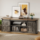Garvee Farmhouse TV Stand for 75 Inch TVs – 70" Modern Entertainment Center with Sliding Barn Doors, Storage Cabinets, Long Media Console Table for Living Room or Bedroom – Black, Cross-Shaped Door Frame - Gray+Brown