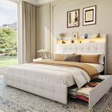 Garvee Modern Queen Size Upholstered Bed Frame with LED Light, Double-Layer Tufted Headboard, 2 Storage Drawers, Charging Station & USB Port, Light beige Soft Fabric & Natural Wood, QUEEN Light beige - natural wood board (flannel) - White|Velvet