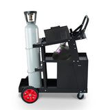 Garvee Heavy Duty Welding Cart with 4 Drawers, Rolling Steel Welder Trolley with Dual Gas Cylinder Holder & Safety Chains, Mobile Organizer for MIG TIG Plasma Cutter, Black & Red Wheels