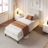Garvee Classic & Durable – Twin Upholstered Platform Bed Frame with Tufted Headboard, Sturdy Wood Slat Support, Heavy Duty, Noise-Free, No Box Spring Needed, Easy Assembly, Modern Design – Twin, light cream soft fabric fabric. - Beige