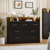 Garvee 7 Drawer Dresser for Bedroom - 47.2” Wide Double Chest of Drawers with LED Light and Charging Station, Large TV Stand Cabinet Organizer with Open Shelf for Living Room, Entryway, Hallway, Black - Black