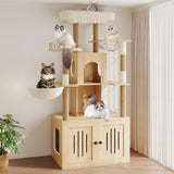 Garvee Multi-Level Cat Tree with Litter Box Enclosure – Hidden Litter Box, Soft Perch, Sisal Scratching Posts, Condo & Hammock for Large Indoor Cats – Modern Cat Tower Furniture – Natural Wood Color - Natural Wood
