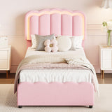 Garvee Twin LED Bed Frame, Kids Platform Bed with 2 Large Storage Drawers, Velvet Upholstered Princess Bed for Girls & Boys, Wooden Slats Support, No Box Spring Needed, Easy Assembly, Pink - Pink