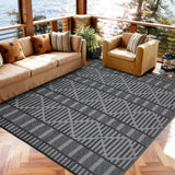 Garvee Reversible Outdoor Plastic Area Rug 9x18ft – Weatherproof, Non-Slip, Collapsible – Washable Black Grey Geometric Patio Mat for Garden, Deck, Camping, Picnic – Easy Clean – Black Grey - Black Gray