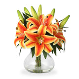 Garvee No-Maintenance Artificial Tiger Flora Flowers with Glass Vase – Set of 6 Realistic 13-Inch Silk Stems, Lifelike Faux Spring Floral Arrangement for Home, Office, Table, Wedding Centerpiece – Orange and Yellow