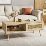 Garvee Wood Coffee Table with Storage, Boho Center Sofa Table with Sliding Door and Open Shelf for Living Room, Bedroom, Easy Assembly - Oak
