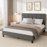 Garvee Queen Size Linen Upholstered Bed Frame with Adjustable Headboard, Strong Wooden Slats, Steel & Wood, Quiet Platform Design, 800 lb Capacity, Easy Assembly, Bedroom - Gray