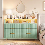 Garvee Modern Fluted 6 Drawer Dresser with LED Lights & Charging Station – Contemporary Storage Chest with Gold Handles, Open Shelf – Ideal for Bedroom, Living Room, Hallway – Fruit brand Green One Box Pack - Green
