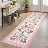 Garvee Floral Kitchen Rug 2x6 - Botanical Pattern, Non-Slip Low Pile, Stain Resistant, Machine Washable, Lightweight, Vintage Pink for Hallway Bathroom - Pink