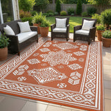 Garvee 9x18 Vintage Outdoor Rugs Waterproof Patio Rugs Indoor Outdoor Medallion Reversible Mat Foldable Lightweight Plastic Straw Carpet for Deck, Picnic, Porch, Camper, Balcony, Beach, Terracotta - Terracotta
