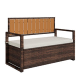 Garvee Iron Frame Wicker Storage Ottoman with Plastic Wood Top, Waterproof Cushion for Patio,Dark Brown Rattan,White Cushion - Dark Brown / Beige