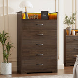 Garvee 5 Drawer Dresser for Bedroom - 51” Tall Vertical Chest of Drawers with LED Light and Charging Station, Modern Organizer Cabinet with Open Shelf for Living Room, Entryway, Hallway, Brown - Dark Oak