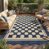 Garvee Scalloped Jute Outdoor Rug - Modern Boho Checkered Design - Washable Non-Slip Carpet for Patio, Living Room, Porch, Balcony, Office, Entryway - Blue, 5x7ft - Navy Blue