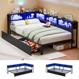 Garvee Twin Corner Bed Frame with Charging Station & LED Lights, Metal & Wood, Storage Drawers & Bookcase, Modern Design for Kids & Teens - Black