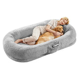 Garvee Orthopedic Soft Faux Fur Human Dog Bed for Adults & Pets – Large 67"x43"x8" Lounger, Egg Crate Foam, Removable Pillow, Side Pocket, Handle, Washable Cover, Cozy Floor Bed, White Grey - Light Gray With Pillow
