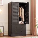 Garvee 65" Louvered Armoire Wardrobe Closet with 2 Doors and 2 Drawers, Large Capacity Storage, Wooden Wardrobe Cabinet with Hanging Rod for Bedroom, Cloak Room, Laundry Room, Entrance Hall, Black - Black