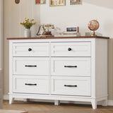 Garvee Wide 6 Drawer Dresser for Bedroom, 47" Farmhouse Wooden Chestwith Storage Freestanding, Wooden Closet Storage Chest for Living Room, Bedroom, Entryway, White + Brown Top - White + Brown Top