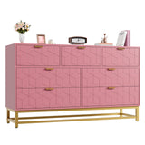 Garvee Spacious 7 Drawer Dresser – Modern Wide Chest with Golden Metal Handles & Legs – Entryway, Bedroom, Living Room Storage Organizer – Pink AB Box - Pink