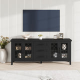 Garvee Farmhouse TV Stand with Glass Door for 70 Inch Tv, Mid Century Modern Entertainment Center for Living Room, Rustic Television Stands 2 Storage Door & 3 Drawer for Bedroom (Black) - Black