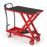 Garvee Heavy Duty Hydraulic Lift Table Cart – 500 lbs Capacity – Max Lifting Height 28.5" – Manual Single Scissor Platform, 4 Locking Wheels, Anti-Slip Mat – Industrial Material Handling Equipment for Warehouse & Workshop – Table Size 28x18 in, Red - Red