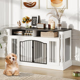 Garvee Roman Column 63 Inch Large Dog Crate Furniture for 2 Dogs with Open Storage, Heavy Duty Dog Kennel Entertainment Table TV Stand for Small and Medium Dogs, Black Table Top - White+Black Table Top