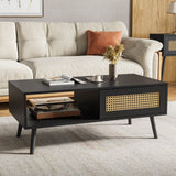Garvee Wood Coffee Table with Storage, Boho Center Sofa Table with Sliding Door and Open Shelf for Living Room, Bedroom, Easy Assembly - Black