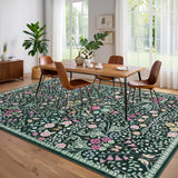 Garvee 5x7 Area Rugs for Living Room, Floral Washable Rug Vintage Large Soft Botanical Non Slip Carpet Indoor Stain Resistant Floor Carpets for Bedroom Dining Room Farmhouse Nursery, Dark Green - Dark Green