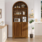 Garvee 72" Tall Arched Bookcase with Doors, 5-Tier Kitchen Storage Cabinet with Adjustable Shelves, Wooden Pantry for Dining Room, Kitchen and Living Room, Walnut - Walnut
