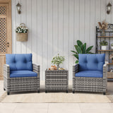 Garvee 3-Piece Patio Furniture Set with PE Rattan Chairs & Tempered Glass Table, Gray Gradient Wicker Outdoor Bistro Conversation Set with Washable Blue Cushions for Porch, Garden, Balcony & Deck - Gray & Blue