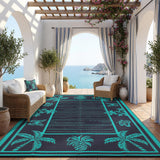 Garvee Outdoor Rug 9x12 Waterproof Reversible Plastic Straw Tropical Leaf Design UV-Resistant Patio Deck Camping Mat - Black Blue & Lake Blue