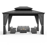 Garvee 12' x 14' Hardtop Gazebo, Double Aluminum Roof, Metal Frame Outdoor Pavilion with Curtains & Mosquito Netting for Patio, Backyard & Garden, Black/Gray - Black + Gray